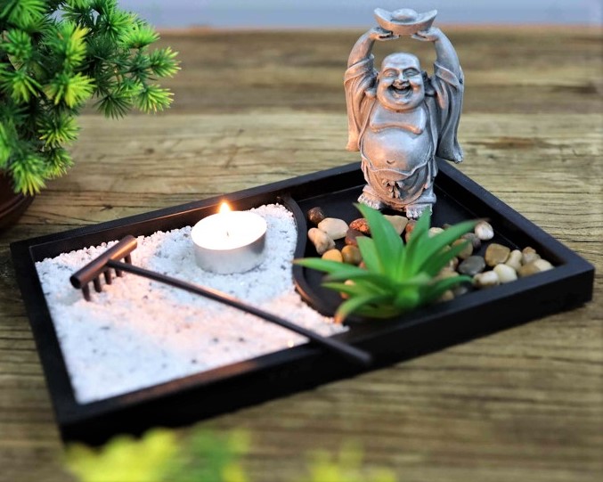 Zen Garden Buddha Laughing Hands Candle And Plant